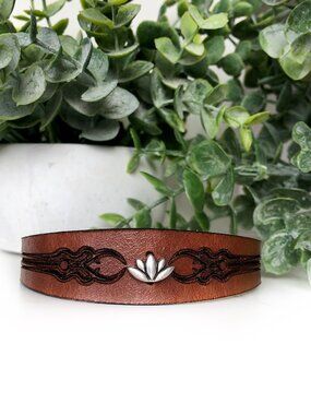 MishaGirl Handmade Brown Engraved Leather Bracelet with Silver Plated Lotus Bead